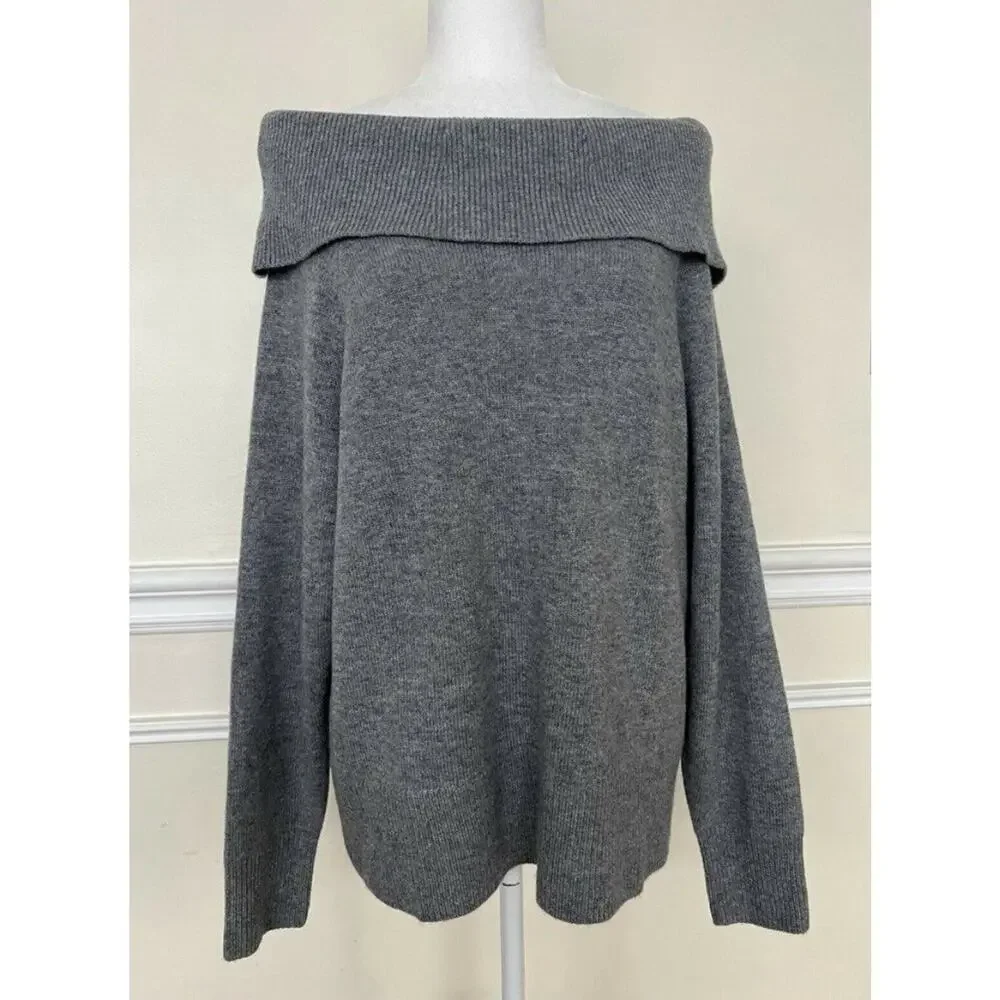 Paige Izabella wool Y2K Off-The-Shoulder Sweater Heather Grey L A001840